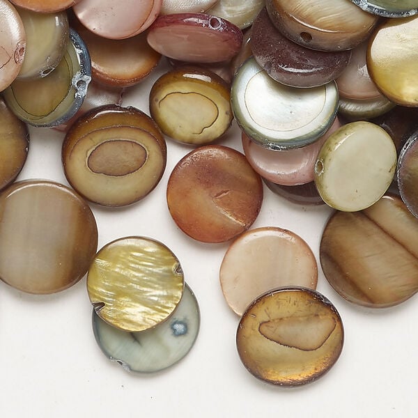Mother-of-pearl shell 1pkg4oz, puffed flat round bead mix multi-brown 9-12mm image number 0
