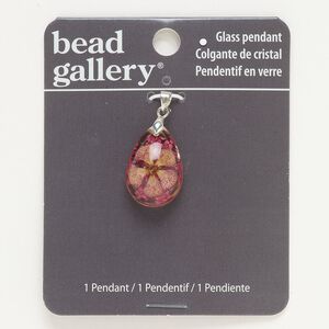 Pendant, silver-finished brass and lampworked glass, pink / tan / clear, 26x17mm teardrop with flower. Sold individually.