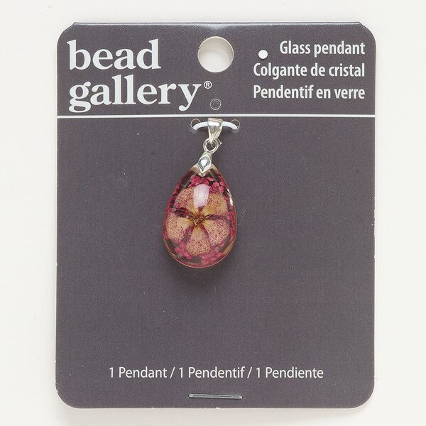 Pendant, silver-finished brass and lampworked glass, pink / tan / clear, 26x17mm teardrop with flower. Sold individually. image number 0