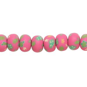 Bead, polymer clay, opaque pink / green / yellow, 8x6mm rondelle with flower design. Sold per 15-1/2" to 16" strand.