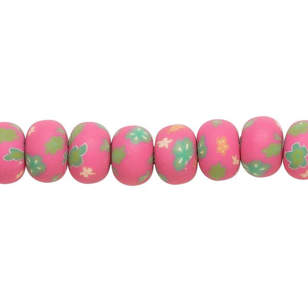 Bead, polymer clay, opaque pink / green / yellow, 8x6mm rondelle with flower design. Sold per 15-1/2" to 16" strand. image number 0