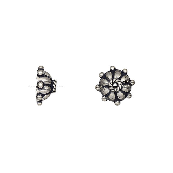 Bead cap, antiqued sterling silver, 10x4.5mm round with dots, fits 6-8mm bead. Sold per pkg of 2. image number 0
