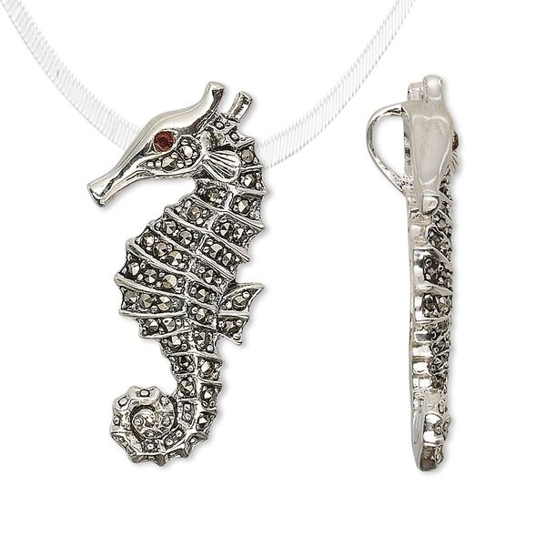 Pendant, marcasite / garnet (natural / dyed) / sterling silver, 31x16mm seahorse. Sold individually. image number 0