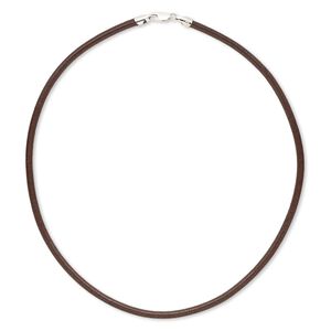 Necklace cord, leather (dyed) and sterling silver, brown, 4mm wide, 18 inches with lobster claw clasp. Sold individually.