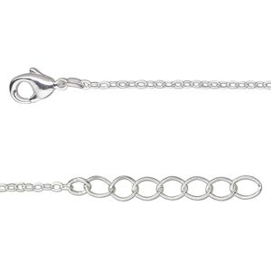 Chain, silver-finished brass, 1.5mm cable, 24 inches with 2-inch extender chain and lobster claw clasp. Sold per pkg of 2.