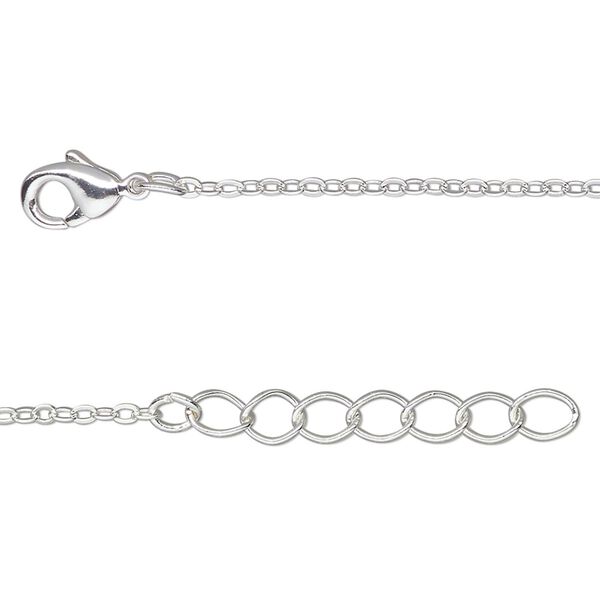 Chain, silver-finished brass, 1.5mm cable, 24 inches with 2-inch extender chain and lobster claw clasp. Sold per pkg of 2. image number 0