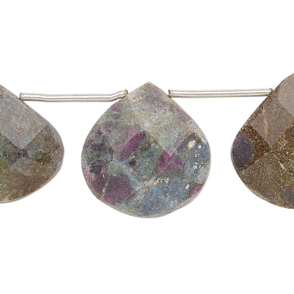 Bead, ruby in fuchsite (natural), 18x17mm-21x21mm hand-cut top-drilled faceted flat teardrop, D grade, Mohs hardness 2 to 3. Sold per pkg of 8 beads. image number 0