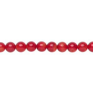 Bead, bamboo coral (dyed), red, 5.5-6mm hand-cut round, B grade, Mohs hardness 3-1/2 to 4. Sold per 15-1/2" to 16" strand.