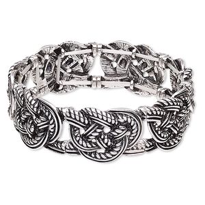 Bracelet, stretch, antique silver-plated "pewter" (zinc-based alloy), 22mm wide with knot design, 7-1/2 inches. Sold individually.