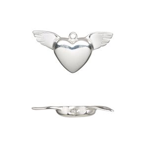 Charm, sterling silver, 24x12.5mm single-sided heart with wings. Sold individually.