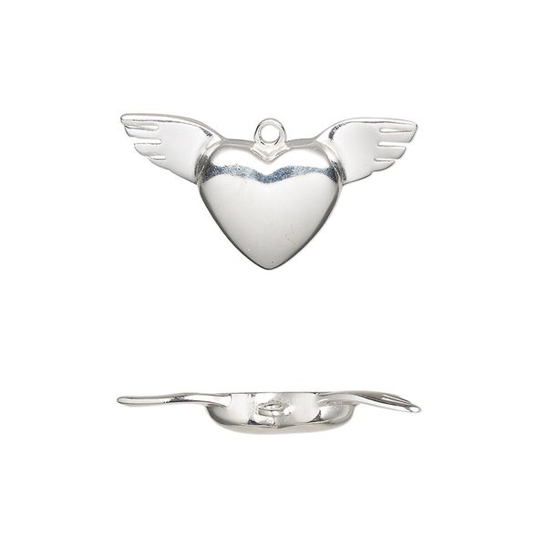 Charm, sterling silver, 24x12.5mm single-sided heart with wings. Sold individually. image number 0
