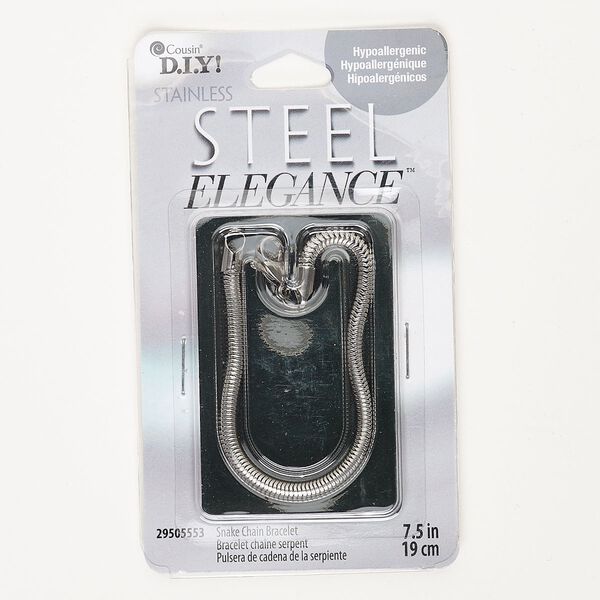 Chain, silver-finished stainless steel, 4mm snake, 7 inches with lobster claw clasp. Sold individually. image number 0