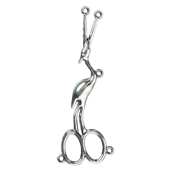 Focal, antique silver-finished "pewter" (zinc-based alloy), 3-1/4x1 inch stork scissors with 5 loops. Sold individually. image number 0