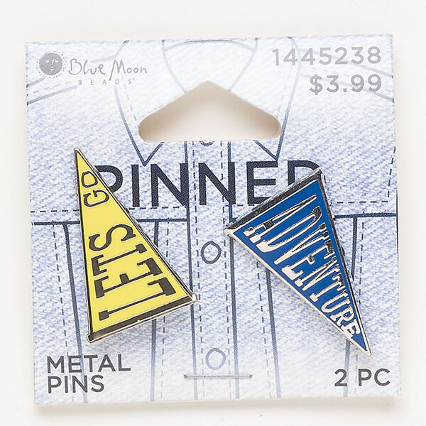 Pin assortment, gold- and silver-finished brass and enamel, blue and yellow, 26x16mm triangle with "adventure" and "let's go." Sold per pkg of 2. image number 0