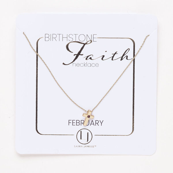 Necklace, steel and glass, pkg/16 inches with lobster claw clasp and 3-inch extender chain, 10x7mm February birthstone cross, gold finish and amethyst purple. image number 0