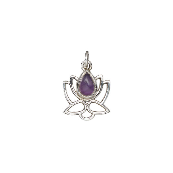 Drop, antiqued sterling silver and amethyst (natural), 12mm single-sided open lotus. Sold individually. image number 0