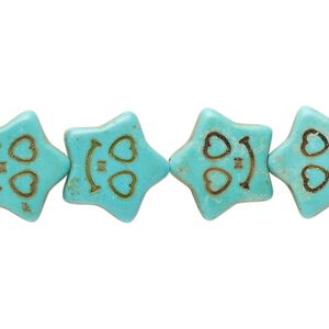 Bead, "howlite" (resin) (imitation), aqua green, 16x15mm carved flat star. Sold per 15-inch strand.