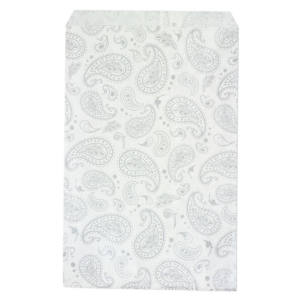 Bag, paper, white and silver, 9x6 inch rectangle with paisley-print and scalloped top edge. Sold per pkg of 100. image number 0