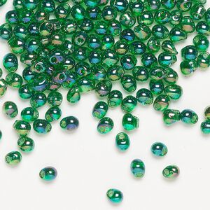 Seed bead, Miyuki, glass, pkg/250g, 4x3.4mm fringe, translucent rainbow green (DP-179).