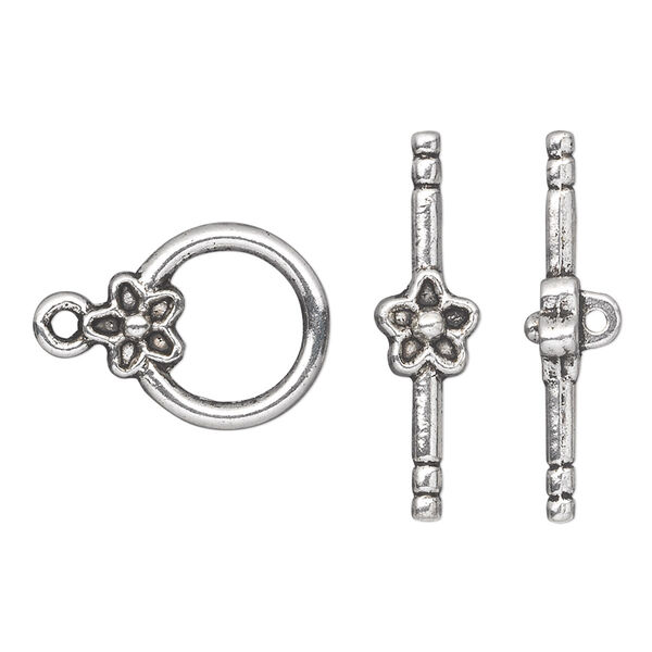 Clasp, toggle, antique silver-plated "pewter" (zinc-based alloy), 14mm single-sided round with flower. Sold per pkg of 10. image number 0