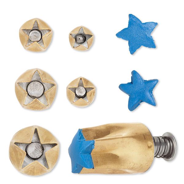 Clay cutter, Kemper®, brass, 9mm-17mm assorted star with built in pop-out tool. Sold per 5-piece set. image number 0