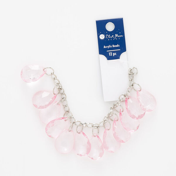 Bracelet component, acrylic and silver-finished steel, pink, 25x18mm faceted puffed teardrop, 6 inches with 5mm curb chain. Sold individually. image number 0