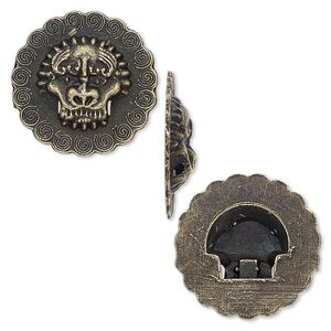 Embellishment, antique brass-finished "pewter" (zinc-based alloy), 20mm single-sided scalloped flat round with raised lion face. Sold per pkg of 4.