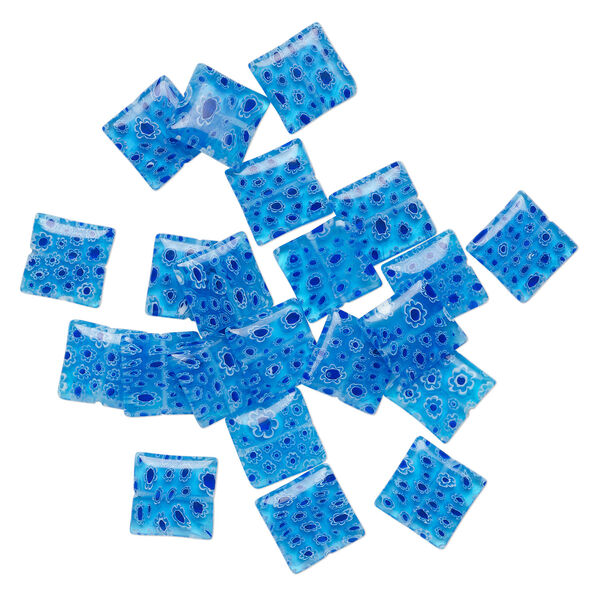 Millefiori glass 1pkg2oz, puffed square bead translucent aqua / dark blue / white 18mm image number 1