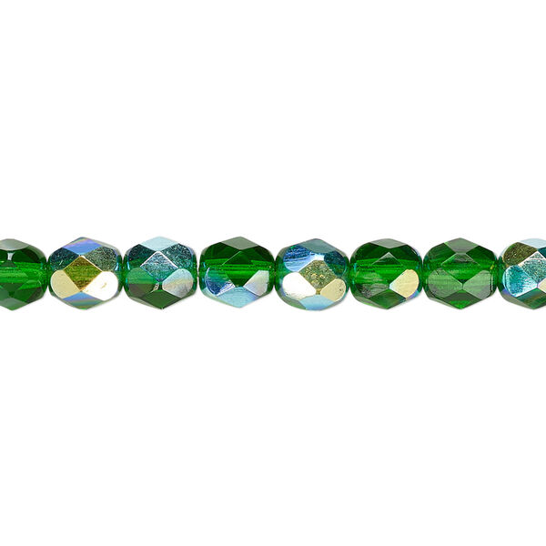 Bead, Czech fire-polished glass, translucent emerald green AB, 6mm faceted round. Sold per 15-1/2" to 16" strand. image number 0