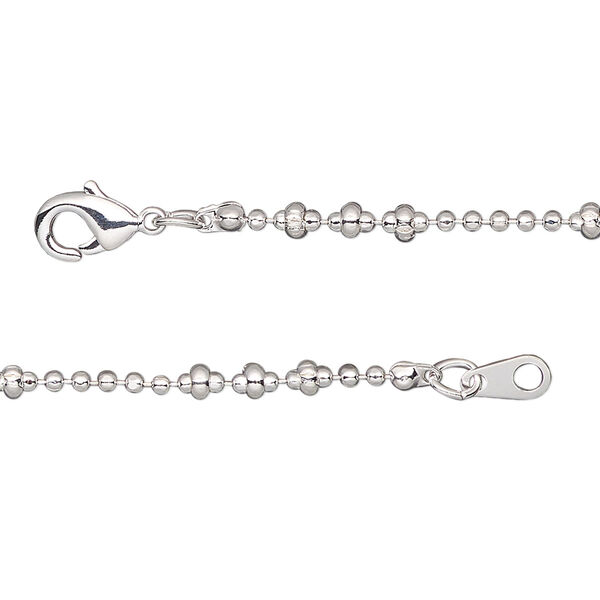 Chain, silver-plated brass, 1.5mm faceted ball and 2.8x1.5mm crimped rondelle, 18 inches with lobster claw clasp. Sold individually. image number 0