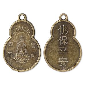 Focal, antique brass-plated "pewter" (zinc-based alloy), 33x22mm Quan-Yin coin, "Buddha blessing: Safety and Peace." Sold per pkg of 50.