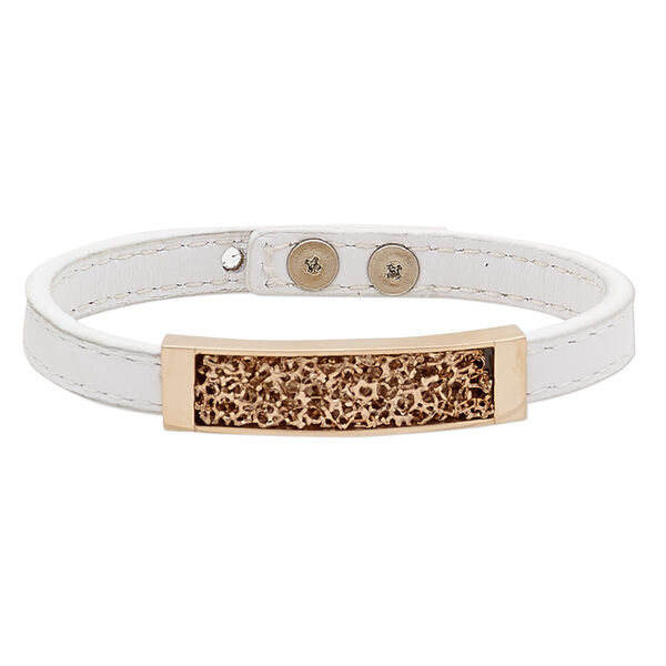 Bracelet, leather (dyed) / stainless steel / rose gold-finished stainless steel / brass, white, 11mm wide with 45x11mm curved rectangle and textured design, adjustable at 6-1/2 and 7 inches with two-hole button stud closure. Sold individually. image number 0