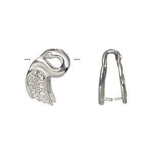 Bail, ice-pick, Egyptian glass rhinestone and imitation rhodium plate brass, clear, 17x10mm swan, 13mm grip length. Sold per pkg of 6.