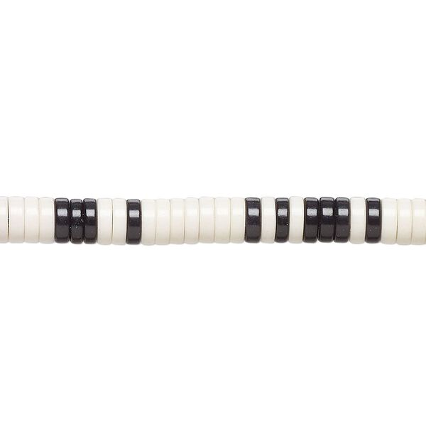 Bead, porcelain, opaque shiny black and white, 4.5x1.5mm heishi. Sold per 8-inch strand, approximately 120 to 150 beads. image number 0