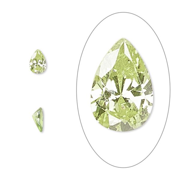 Gem, cubic zirconia, peridot green, 6x4mm faceted pear, Mohs hardness 8-1/2. Sold per pkg of 2. image number 0