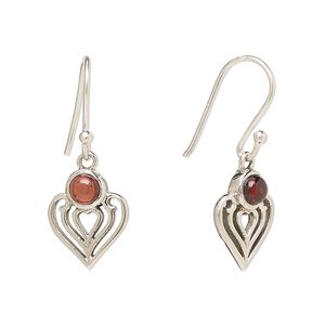 Earring, Create Compliments®, antiqued sterling silver and garnet (natural), fishhook, 28.5mm with 15x9mm single-sided heart, 21 gauge. Sold per pair.
