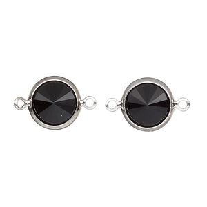 Link, Vintage Crystal™, crystal and silver-plated brass, jet, 12mm rivoli. Sold per pkg of 2.