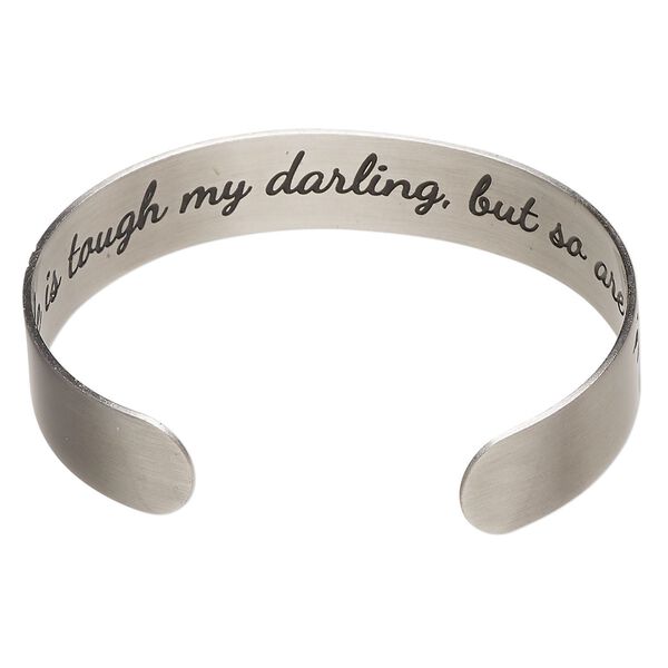 Bracelet cuff 1pkg1 silver-finished brass, black, 12mm wide with peacock on outside / "Life is tough my darling, but so are you" on inside. image number 1