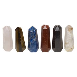 Multi-gemstone 1pkg6, hand-cut undrilled 6-sided point tower gift natural assortment 2.5x0.75 to 3x1 inch