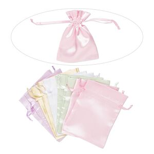 Pouch, satin, assorted pastels, 6-1/4 x 4-3/4 inches with drawstring closure. Sold per pkg of 10.
