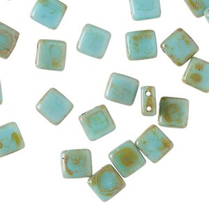 Bead, spacer, glass, pkg/50, 6mm pressed flat square with 2 holes, travertine blue.