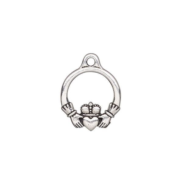 Charm, TierraCast®, antique silver-plated "pewter" (tin-based alloy), 16x14.5mm double-sided Claddagh. Sold per pkg of 20. image number 0