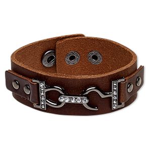 Bracelet, leather (dyed) / glass rhinestone / gunmetal-plated steel / "pewter" (zinc-based alloy), brown and clear, 20mm wide with hook-and-eye clasp design, adjustable at 6-1/2 and 7 inches with snap closure. Sold individually.
