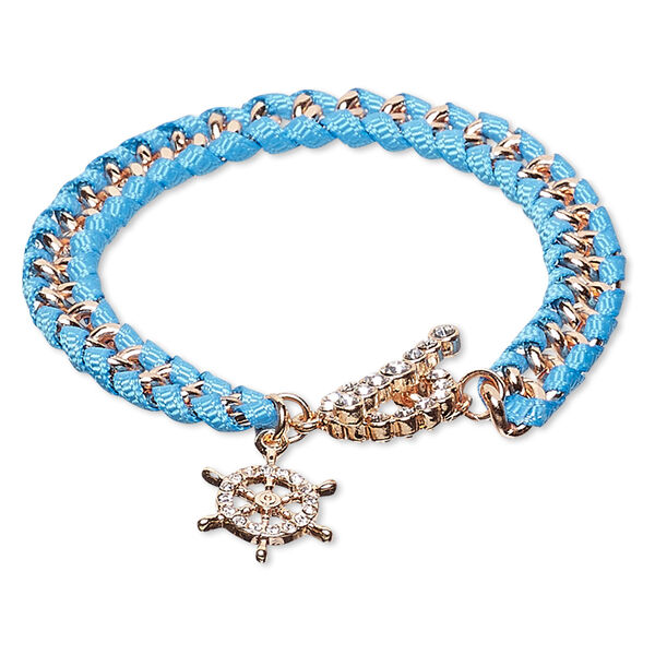 Bracelet, nylon / Czech glass rhinestone / copper-finished steel / "pewter" (zinc-based alloy), blue and clear, 8mm wide with 17.5mm ship's wheel, 7 inches with toggle clasp. Sold individually. image number 0