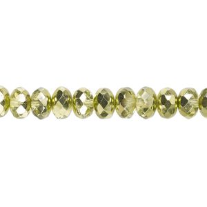 Bead, Czech fire-polished glass, metallic green, 7x5mm faceted rondelle. Sold per 15-1/2" to 16" strand.