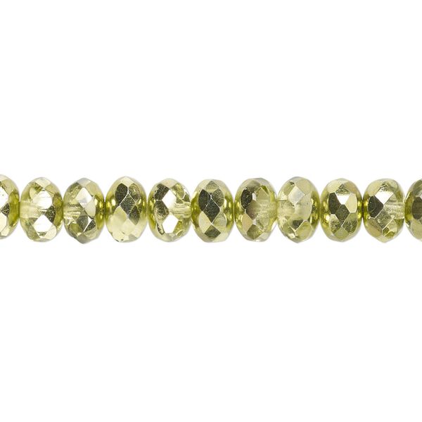 Bead, Czech fire-polished glass, metallic green, 7x5mm faceted rondelle. Sold per 15-1/2" to 16" strand. image number 0