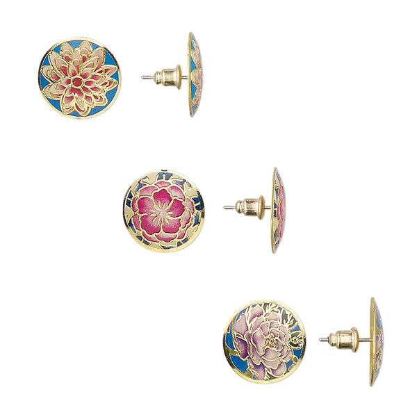 Earring mix, enamel / steel / antique brass-plated brass, multicolored, 20mm round with flower design and post. Sold per pkg of 3 pairs. image number 0