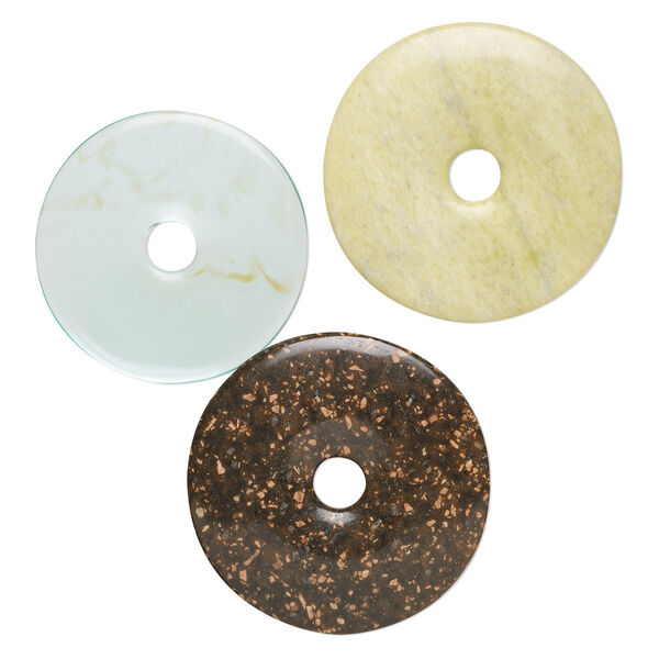 Focal mix, multi-gemstone (natural / dyed) and glass, mixed colors, 55-65mm donut, Mohs hardness 3 to 7. Sold per pkg of 3. image number 0