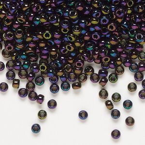 Seed bead, Miyuki, glass, pkg/250g, #8 rocaille, opaque metallic iris dark plum (RR-454).