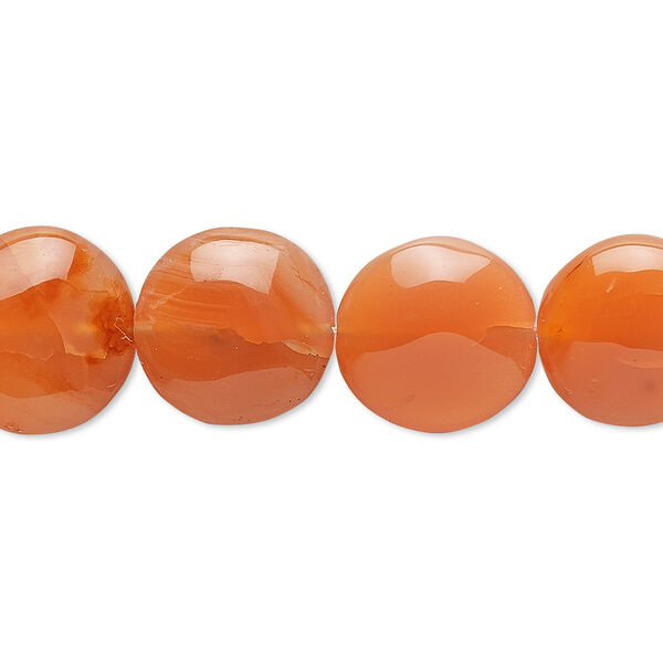 Bead, carnelian (dyed / heated), 13mm hand-cut flat round, C grade, Mohs hardness 6-1/2 to 7. Sold per 15-1/2" to 16" strand. image number 0